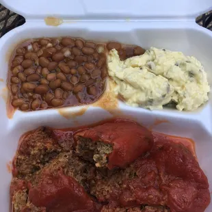 Meatloaf dinner with baked beans and potato salad ($5.25).