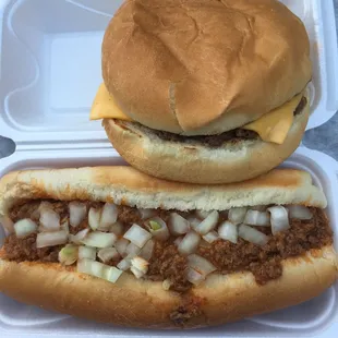 Cheeseburger (2 patties) and regular chili dog w/onions.