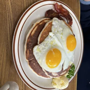 Pancakes, bacon, and eggs