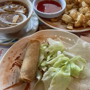 Hot &amp; sour soup, egg roll, salad, fried won ton skins - all come with the lunch specials