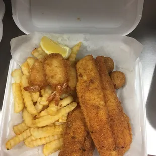2pcs Fired fish, 4 pcs shrimp w/ F. Fries. Combo.