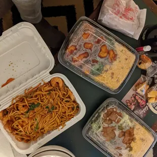 $30: large shrimp lo mein, General Tso's chicken combo (with pork egg roll and pork fried rice), and beef and broccoli combo (same sides).