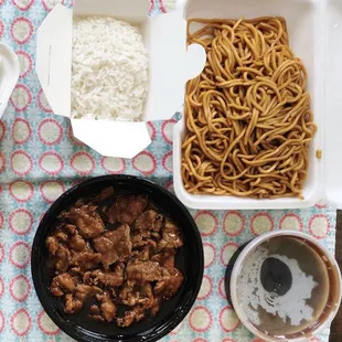 Beef &amp; Beef with Broccoli- Minus the Broccoli. Side of Fried Noodles. $1 Extra Brown Sauce.