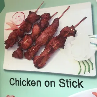 chicken on stick on a plate