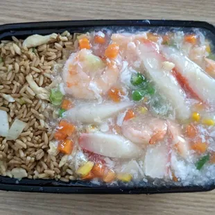 Shrimp with lobster sauce with chicken fried rice. The imitation crab meat was weird.