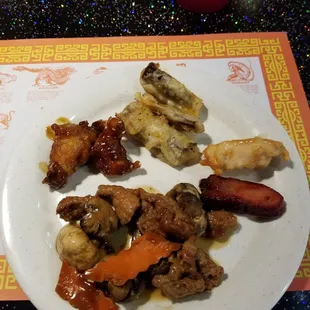Pork wiith mushrooms, sesame chicken,fried eggplant,cashew chicken, bbq spare ribs