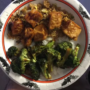 Sesame tofu with vegetable fried rice, and broccoli in brown sauce with white rice (take out, they do not give you halloween paper plates).