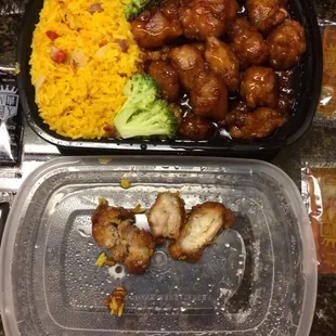 General Tso chicken. Mostly inedible.  Dried out chewy chicken, straight out of the freezer. Yellow rice-a-roni.