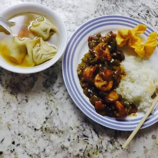 Wanton soup, Crap Rangoon, and Kung Pao Shrimp.