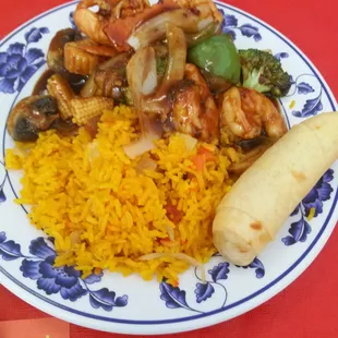 a plate of food on a red table