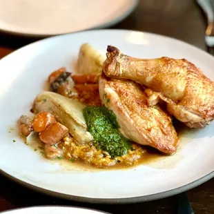 Jidori Chicken has noticeably stronger chicken flavor; comes with stewed carrots &amp; fennel, firm farro in chicken jus, &amp; carrot top pesto 4*