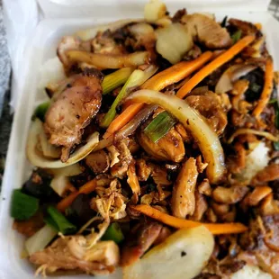 Teryaki Chicken, rice and vegetables plate.