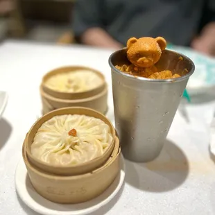 Crab roe soup dumplings &amp; bear milk tea