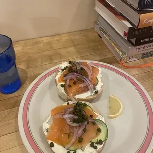 Plain bagel with chive cream cheese and lox