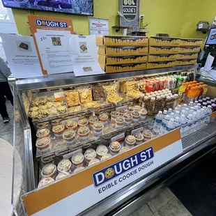 Edible cookie dough and an assortment of drinks