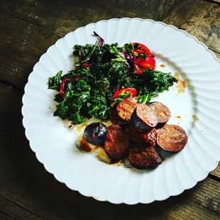 Homemade hot links along with some veggies