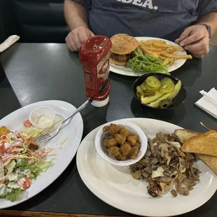 Side salad (upcharge), mushroom and Swiss chicken with okra and hickory burger with fries