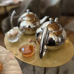 Tea setup with honey and sugar cubes