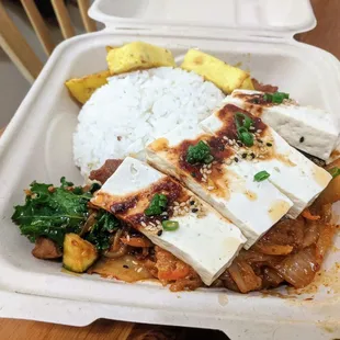 Kimchi and Spicy Pork Bulgogi Dinner - try it with the poached tofu and rice! Not too spicy and good amounts of veggies/Kimchi and pork.