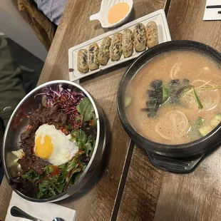 Bibimbap, Gimmari (Crispy seaweed rolls, 7pcs), Tteokguk, and Beef Bulgogi Dupbap!!!