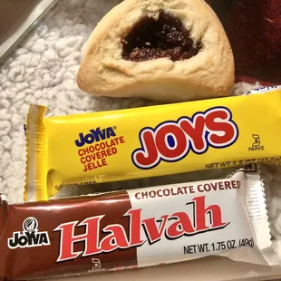 Chocolate covered halvah Chocolate covered jellee Hamentashen