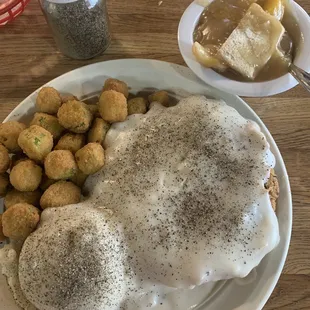 Chicken fried steak, mashed potatoes, fried okra, and peach cobbler for $10.