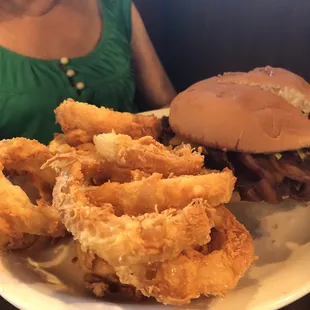 Bacon cheese burger and onion rings