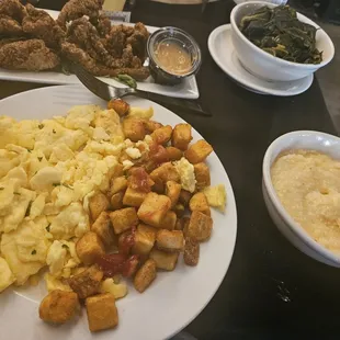 1 meat; 3 sides: eggs, potatoes, grits, for some reason I also received collard greens ‍. No complaints tho