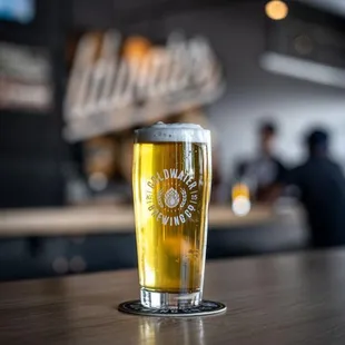 a pint of beer on a bar