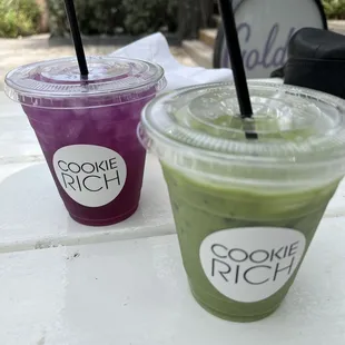 Butterfly iced tea and oat milk matcha latte