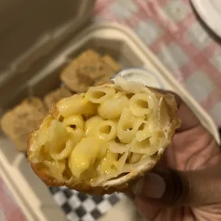 Inside of mac and cheese egg roll