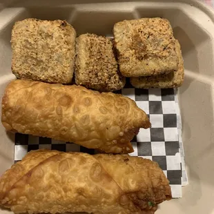 Fried tofu and mac and cheese egg rolls