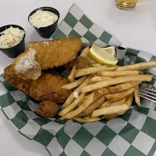 The fried cod basket was great with fries and coleslaw and hush puppies for$12.95.
