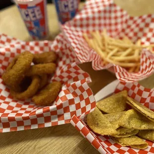 Onion rings, fries &amp; mini tacos