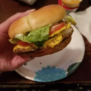 Cheeseburger with lettuce, tomato, onion, pickles, mayo and mustard