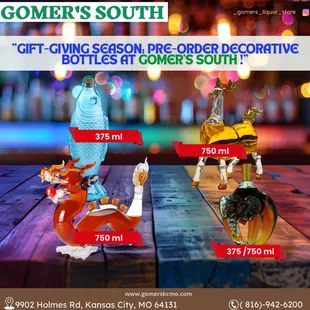Get ready for the gift-giving season with our special pre-order of decorative bottles at Gomer's South in Kansas City, MO.
