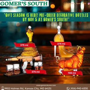 The gift season is upon us, and Gomer's South in Kansas City, MO, has the perfect selection of decorative bottles for your holiday needs.