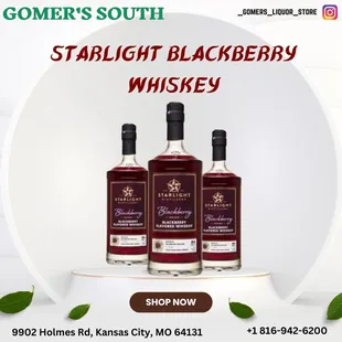 At Gomer's South in Kansas City, MO, we proudly carry Starlight Blackberry Whiskey for those seeking a distinctive and flavorful spirit.