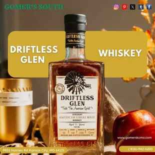 Driftless Glen Whiskey is now available at Gomer's South in Kansas City, MO, offering a bold and smooth taste.
