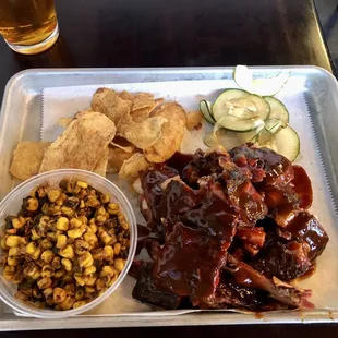 Rib tips, Spanish corn, Broad Ripple chips and house pickles.