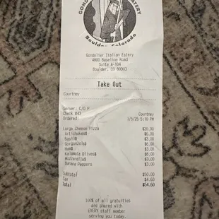 This was our bill for one pizza tonight. Definitely not worth $50