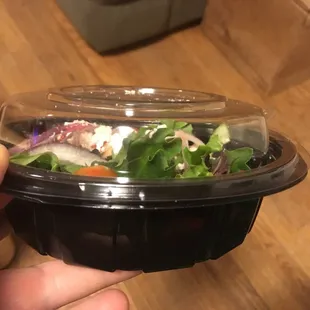 This side salad the size of my tiny palm was $8 on LoDel/HungryBuffs. Half empty tiny container. Worth $3.50 at best.