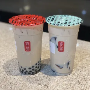 Oolong Milk Tea with Boba and Jasmine Milk Tea with Grass Jelly