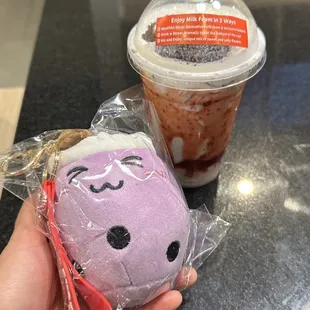 Free taro keychain with witches brew: taro, strawberries, cream, and Oreo cookie crumble