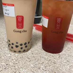 * Left: Dirty Brown Sugar Milk Tea * Right: Green Tea w/ strawberry and ai-yu jelly