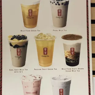 a menu for various drinks