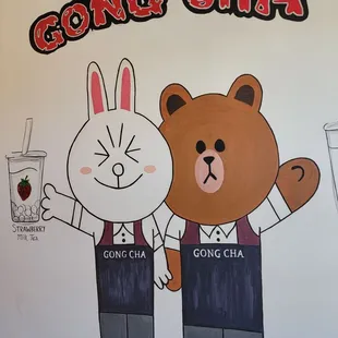 two cartoon characters holding a drink