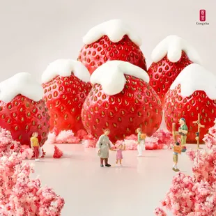 a group of miniature figurines standing in front of strawberries