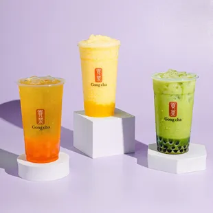 Green Tea with Star Jelley, Passionfruit Yogurt Slush with Mango Popping Pearls &amp; Matcha Tea Latte with Pearls (boba)