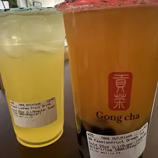 Passion fruit green tea(front) and Peach Lychee Fruit Drink(back)